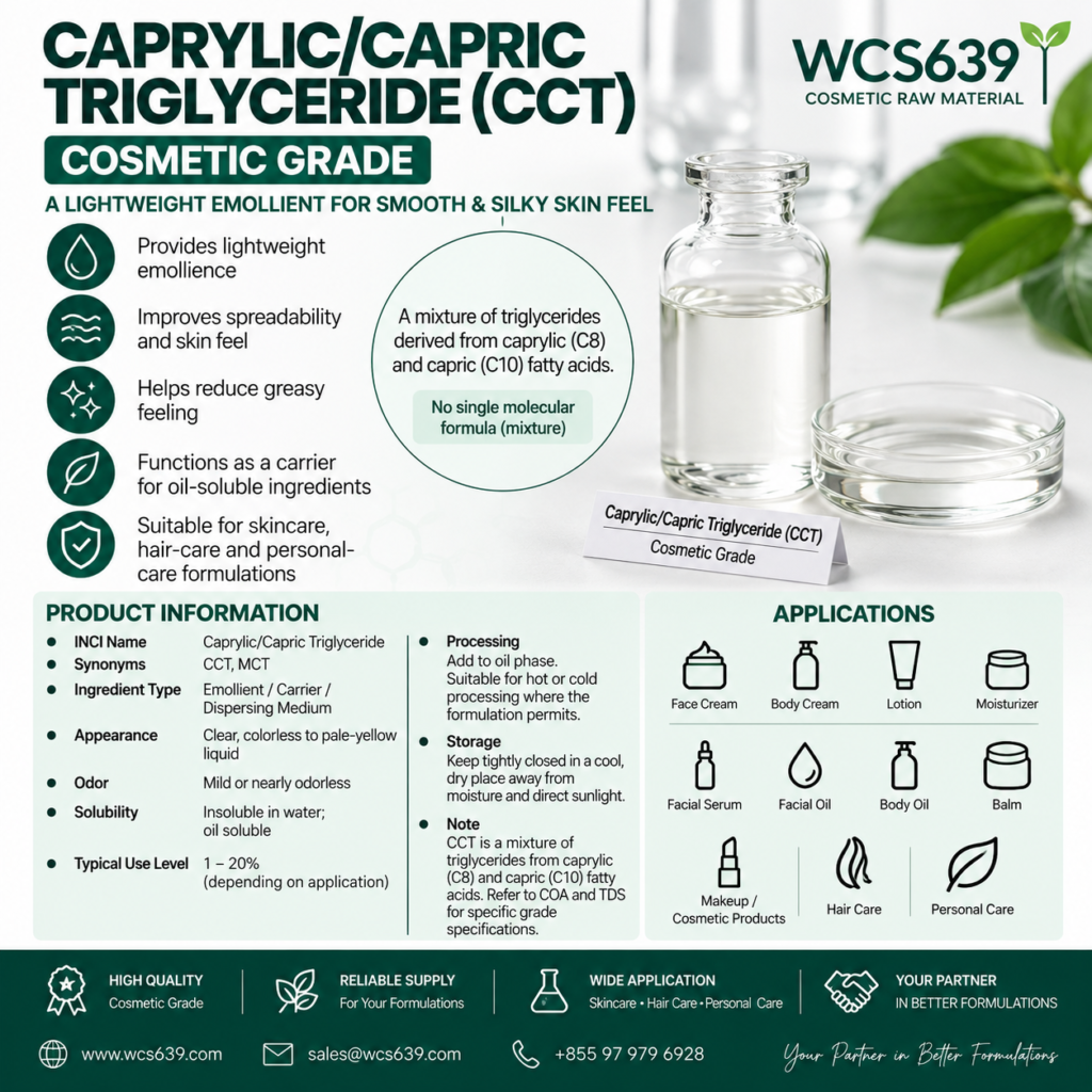 Caprylic Capric Triglyceride CCT cosmetic grade liquid emollient raw material