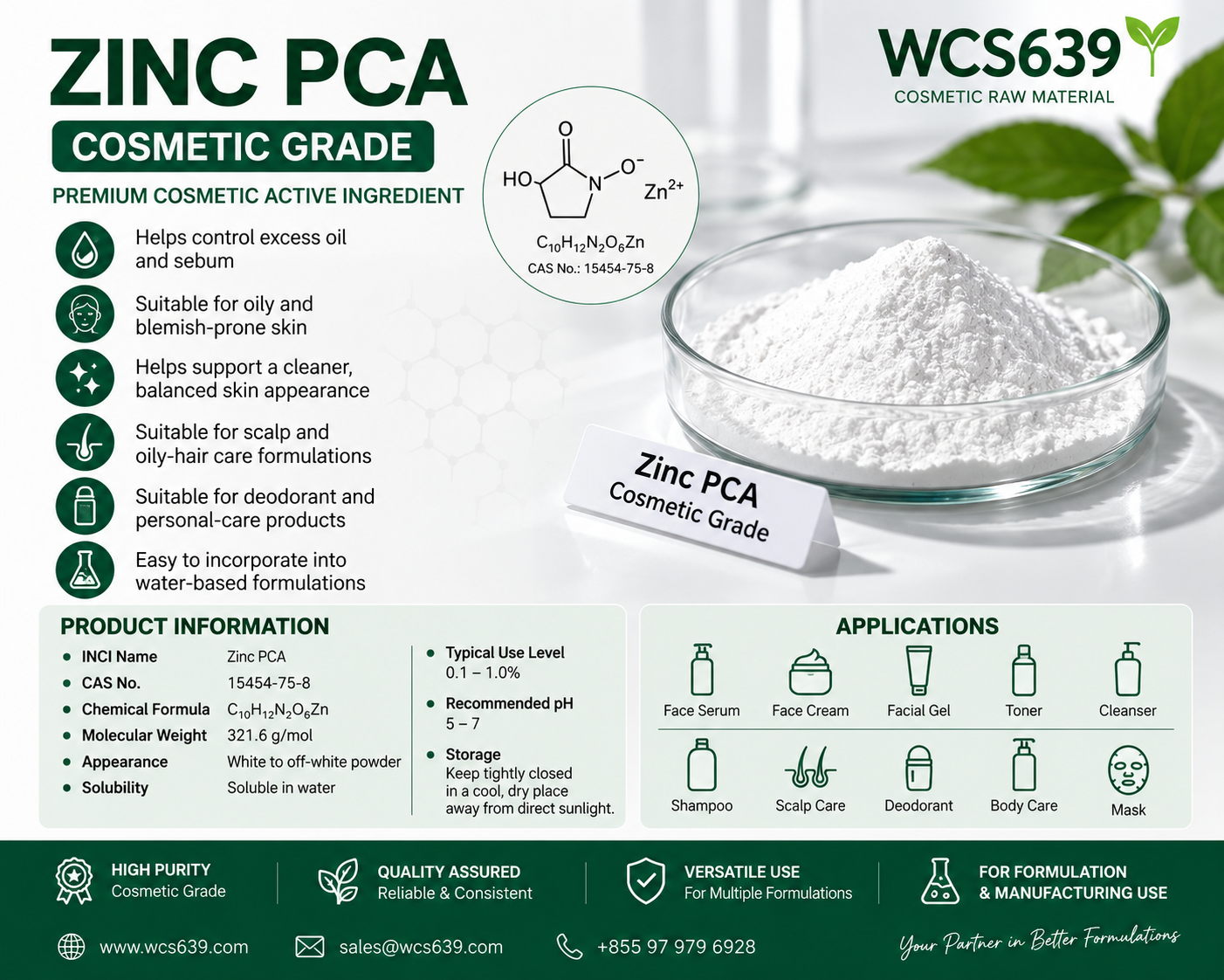 Zinc PCA cosmetic grade powder for skincare formulations – WCS639