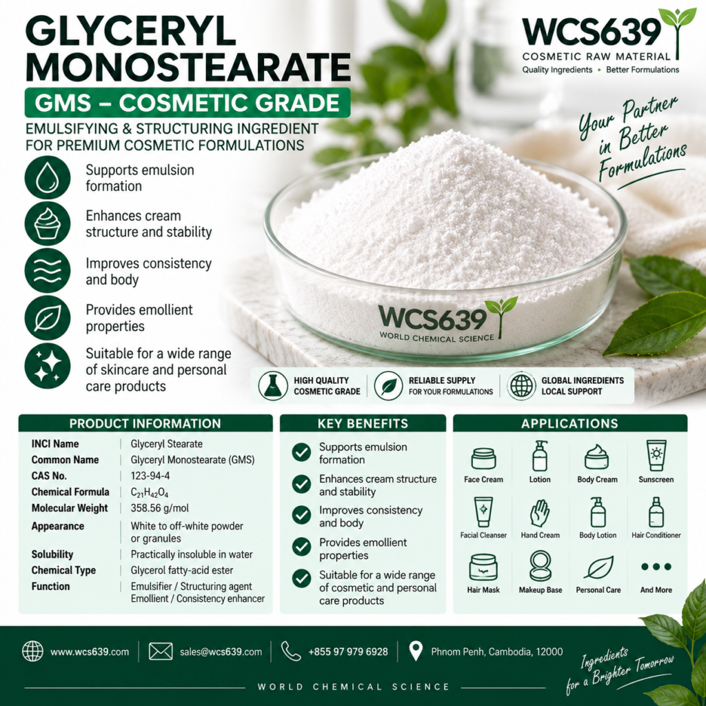 Glyceryl Monostearate GMS cosmetic grade emulsifier and structuring agent – WCS639