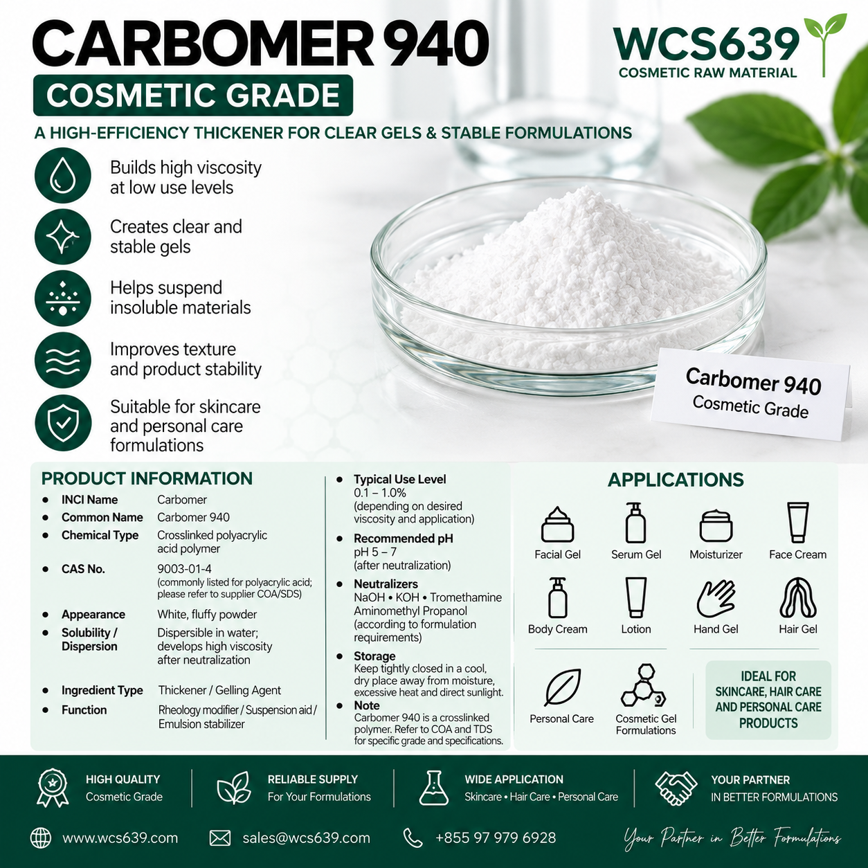 Carbomer 940 cosmetic grade thickener and gelling agent for cosmetic formulations