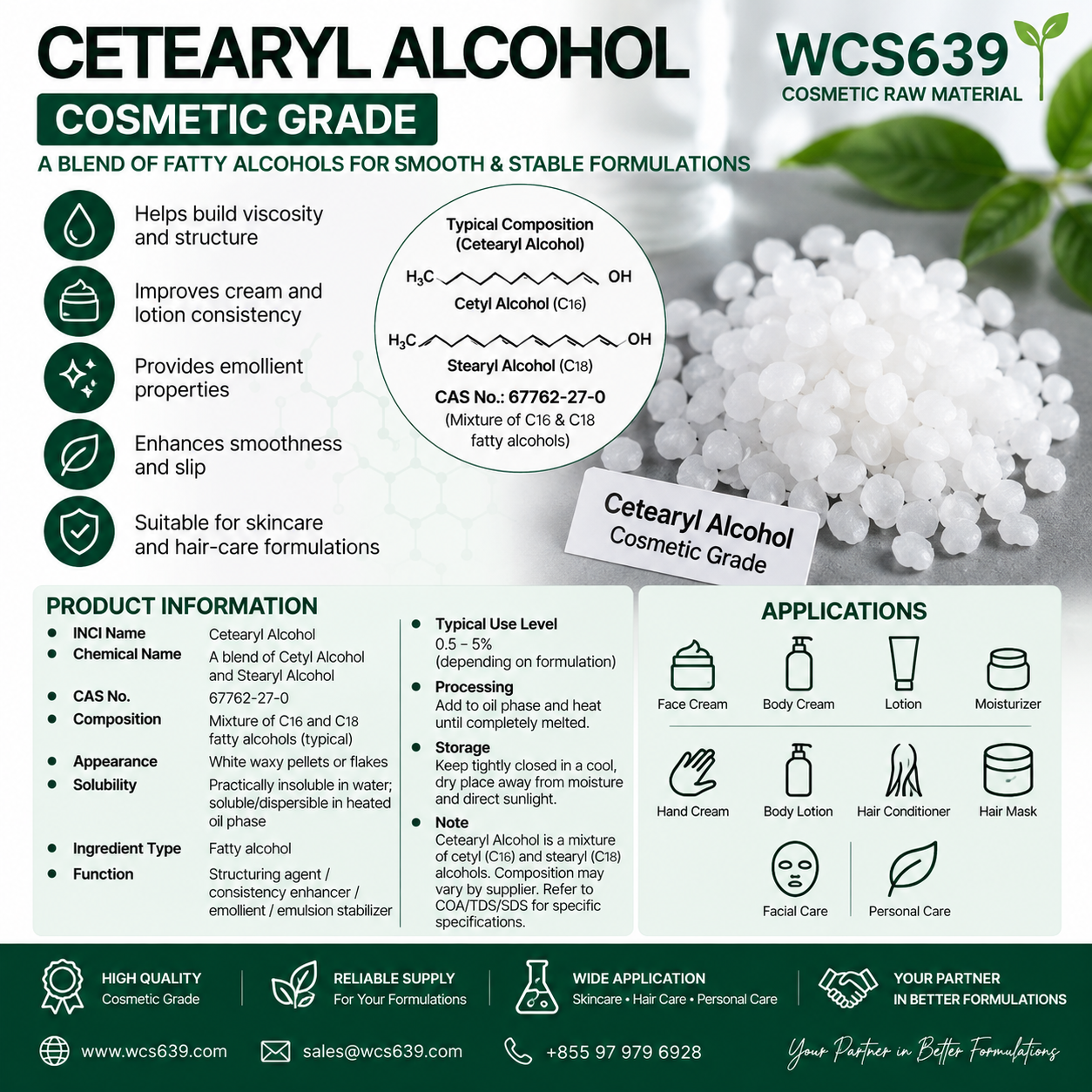 Cetearyl Alcohol cosmetic grade raw material for creams lotions and personal care formulations